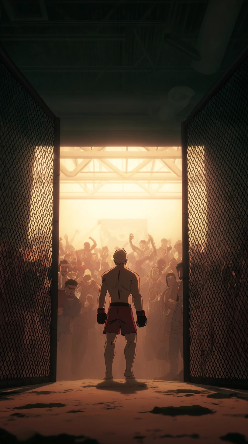 A fighter walking out through the arena tunnel — Rising Fighter game art