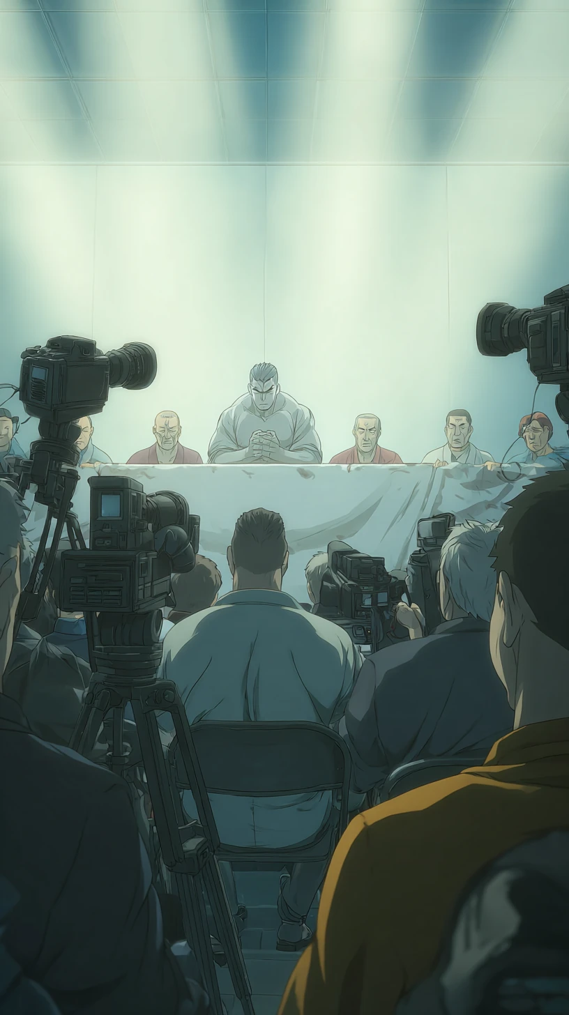 Two fighters facing each other at a media-day table — Rising Fighter game art